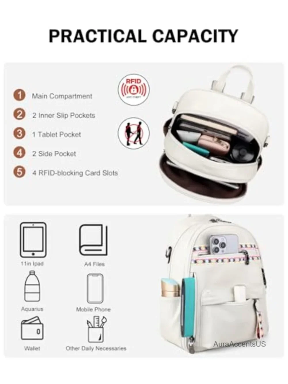 Women's Small Backpack Purse, Faux Leather, 14 Pockets, Fits iPad, Water